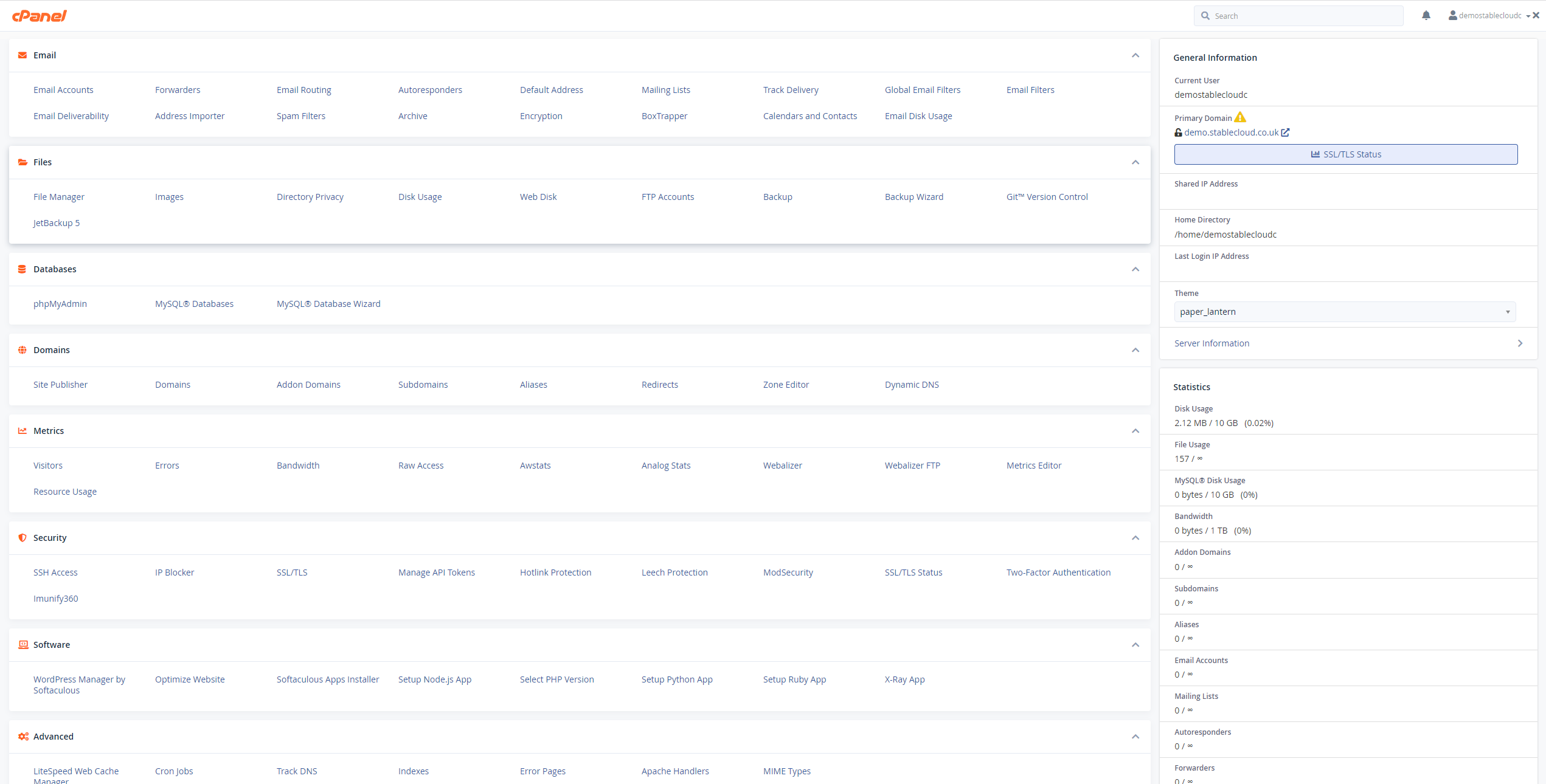 cPanel control panel screenshot